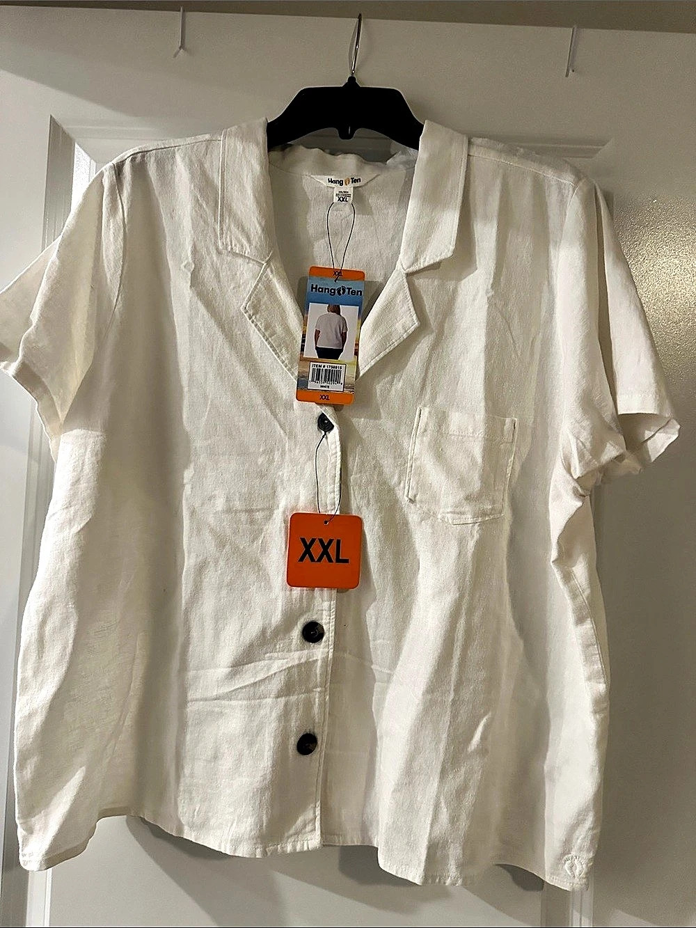Hang Ten Ladies Button Up Linen Blend Shirt Short Sleeve Button Down White Size